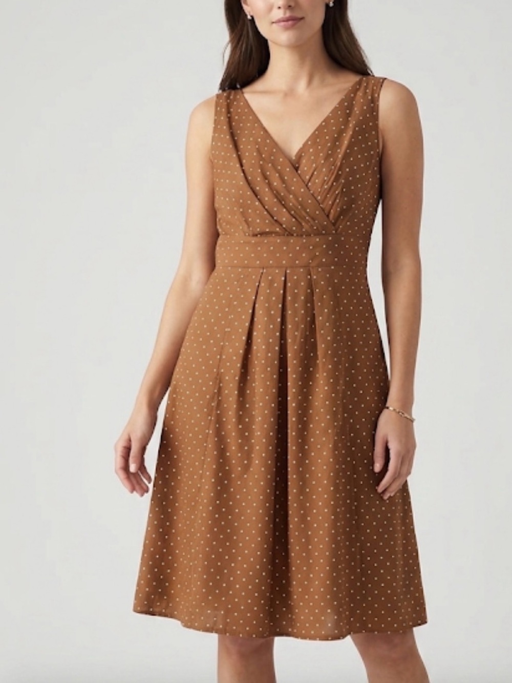 Lands' End Polka Dot Fit & Flare Surplice Dress Brown White Sleeveless 4